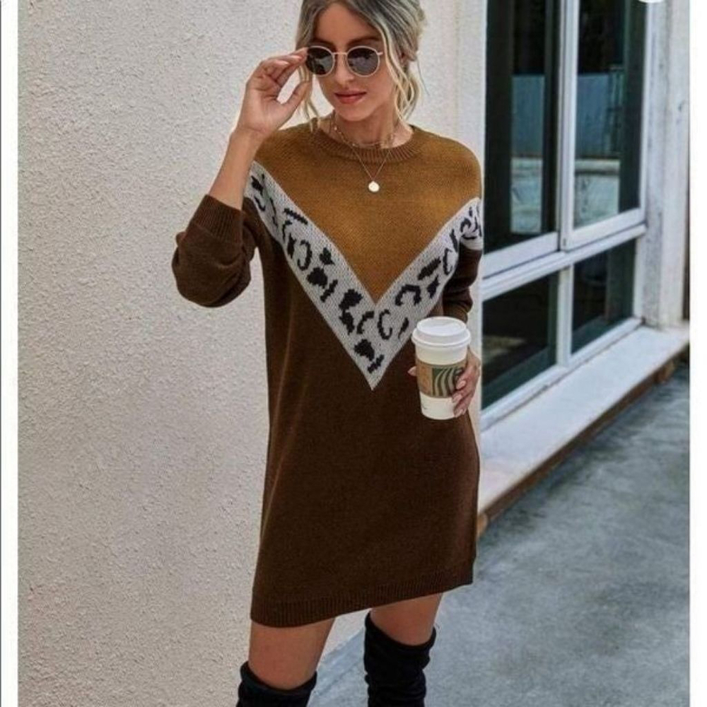 Cupshe Leopard Print Colorblock Mini Sweater Dress